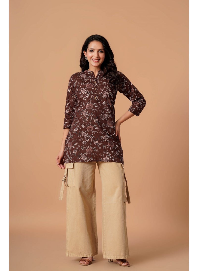 Aasira Brown Floral Printed Short Kurti for Women - Image 5